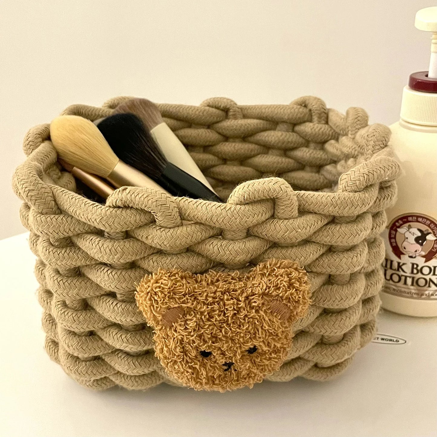 Handwoven Cotton Rope Storage Basket with Bear | Nursery Storage Organizer