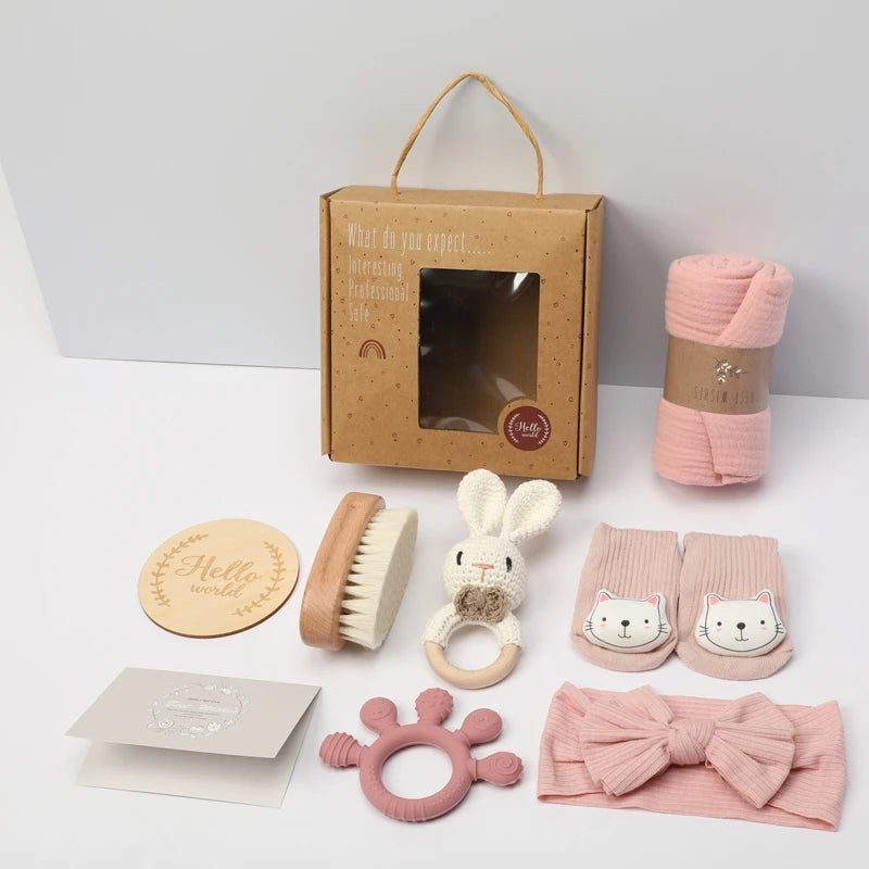 Newborn Baby Gift Set with Wooden Teether & Bunny Comforter