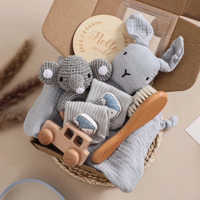 Newborn Baby Gift Set with Wooden Teether & Bunny Comforter