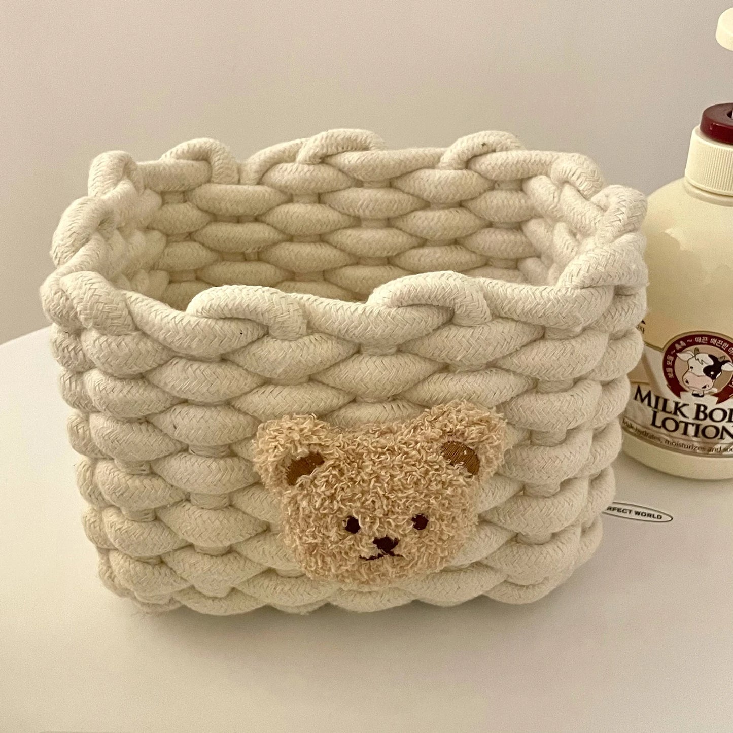 Handwoven Cotton Rope Storage Basket with Bear | Nursery Storage Organizer