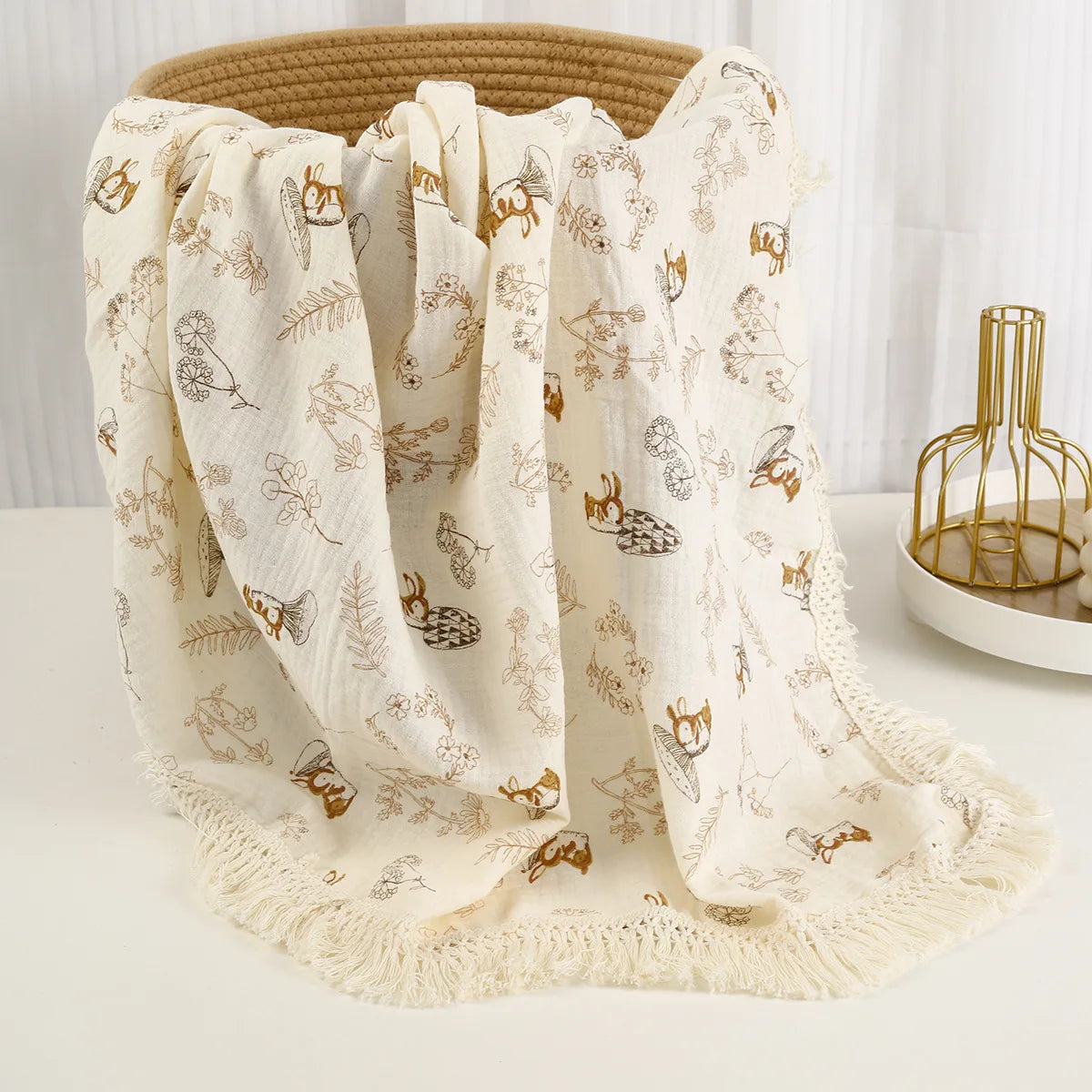 Soft Floral Muslin Baby Blanket with Tassels