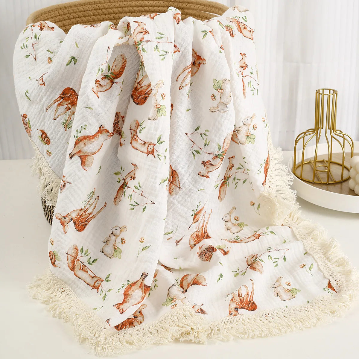 Soft Floral Muslin Baby Blanket with Tassels