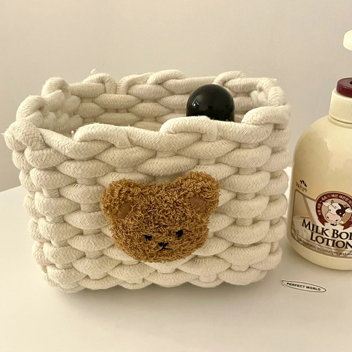 Handwoven Cotton Rope Storage Basket with Bear | Nursery Storage Organizer