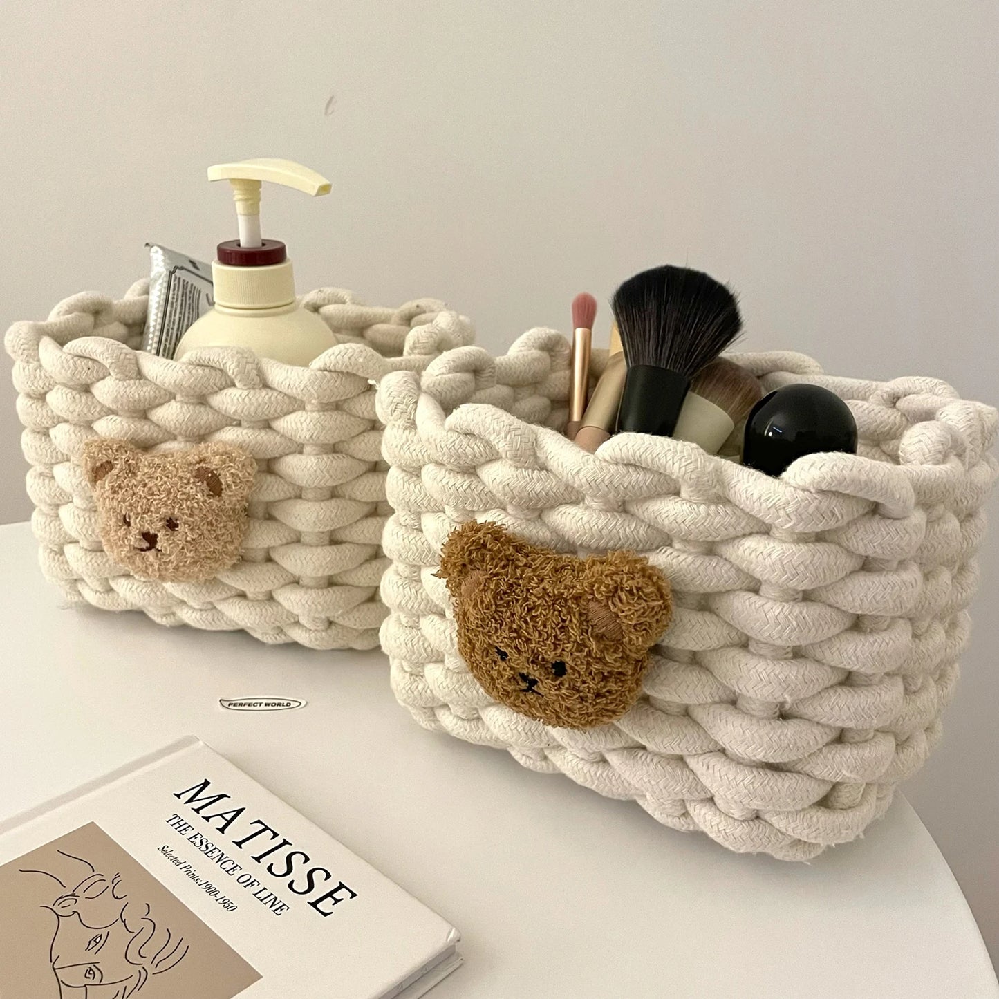 Handwoven Cotton Rope Storage Basket with Bear | Nursery Storage Organizer