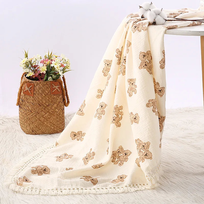Soft Floral Muslin Baby Blanket with Tassels