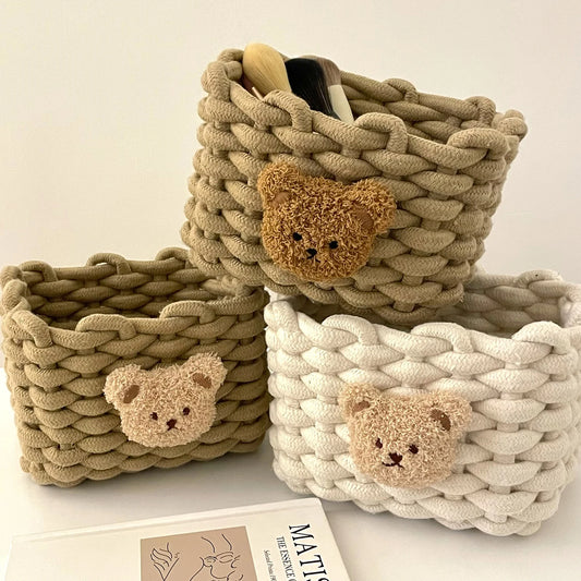 Handwoven Cotton Rope Storage Basket with Bear | Nursery Storage Organizer