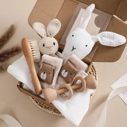 Newborn Baby Gift Set with Wooden Teether & Bunny Comforter