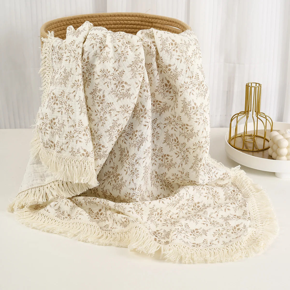 Soft Floral Muslin Baby Blanket with Tassels