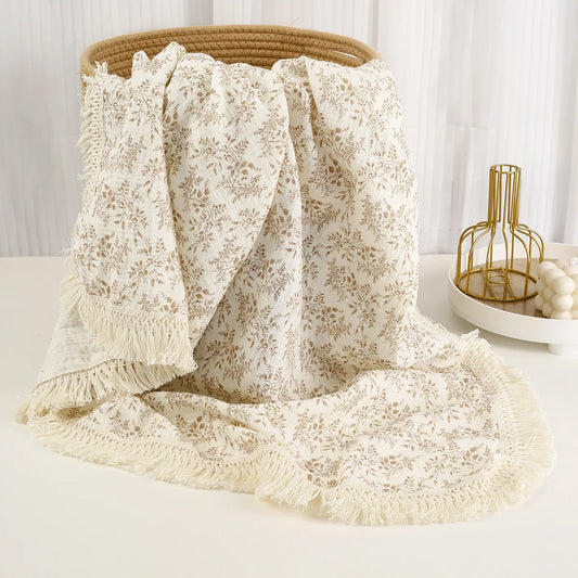 Soft Floral Muslin Baby Blanket with Tassels