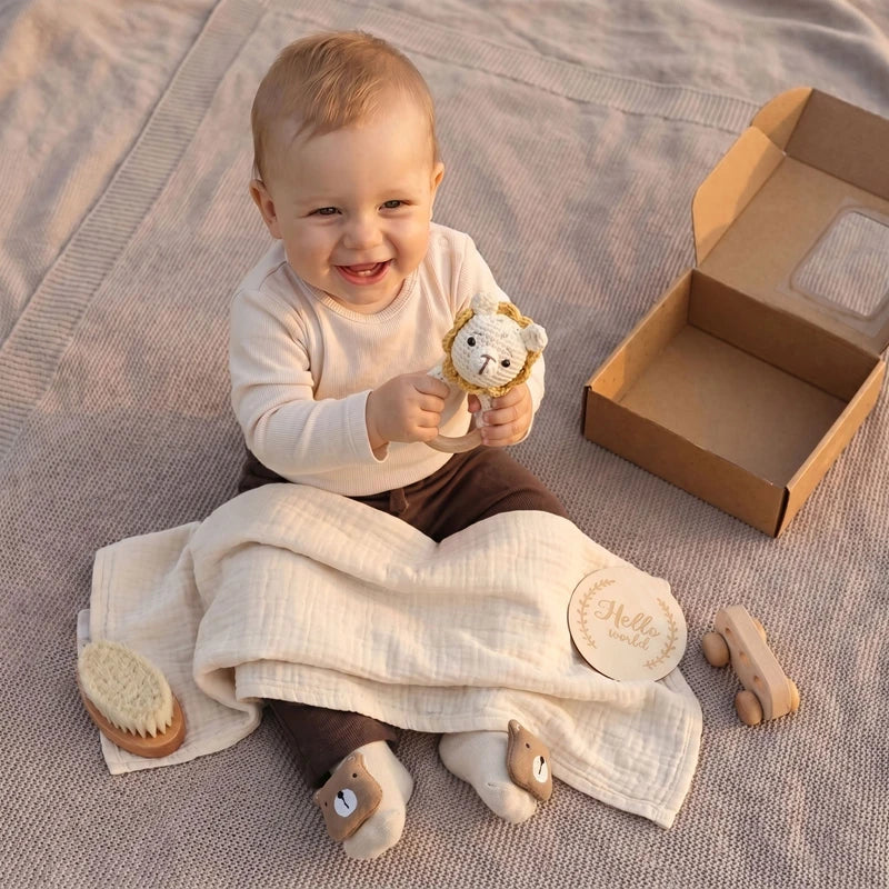 Newborn Baby Gift Set with Wooden Teether & Bunny Comforter