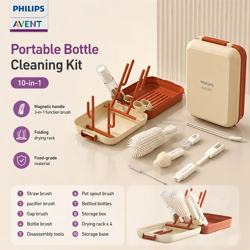 Portable Baby Bottle Cleaning Kit – 10-in-1 Bottle Brush Set with Drying Rack & Travel Case