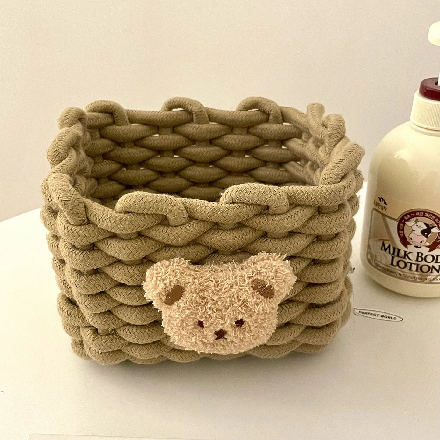 Handwoven Cotton Rope Storage Basket with Bear | Nursery Storage Organizer