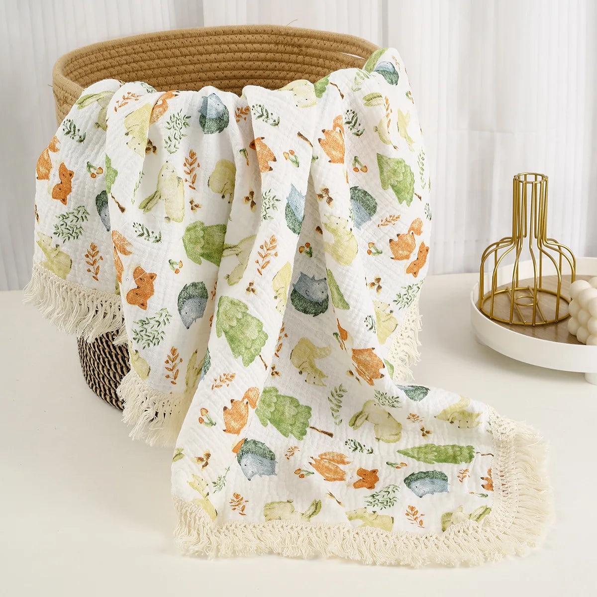 Soft Floral Muslin Baby Blanket with Tassels