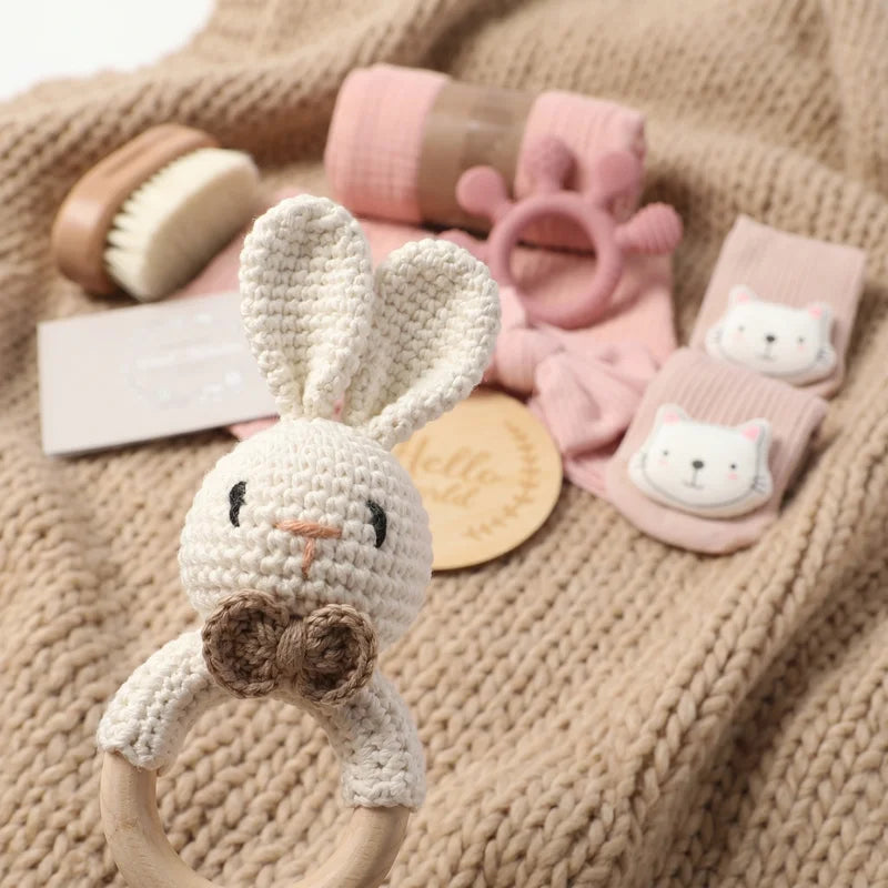 Newborn Baby Gift Set with Wooden Teether & Bunny Comforter